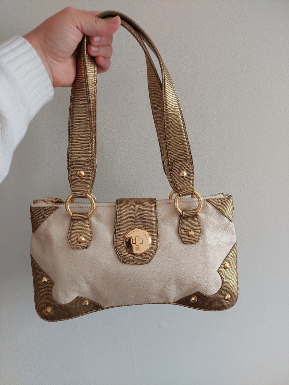 Vtg Michael Kors Leather Handbag Purse Gold Accents Strap White And Gold Mk Rare